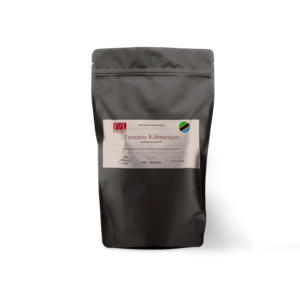 Tanzania Kilimanjaro in a black coffee pouch with product label